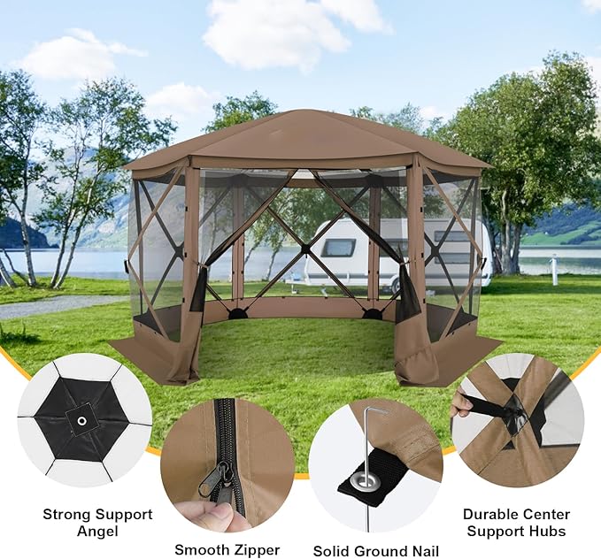 COBlZl Pop Up Gazebo 12x12 Screen House Tent for Camping, Outdoor Instant Stargazing Gazebo Canopy with Awning 2.0, Portable Hub Tent with Mosquito Netting, Pavilion for Backyard,Brown