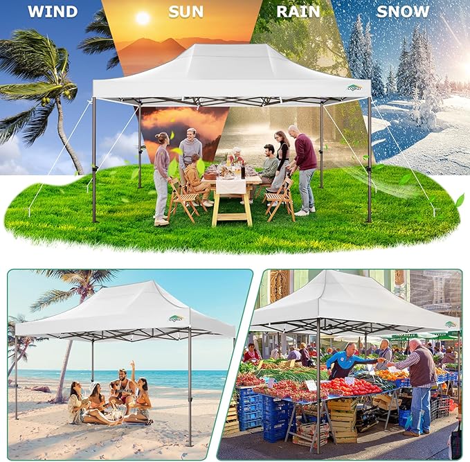 COBIZI 10x15 Pop Up Heavy Duty Canopy with Upgrated Hexagonal Legs, Easy up Tent for Parties, Commercial and Wedding, Outdoor Canopy with Roller Bag, Sand Bags, Waterproof & UPF50+ (White)