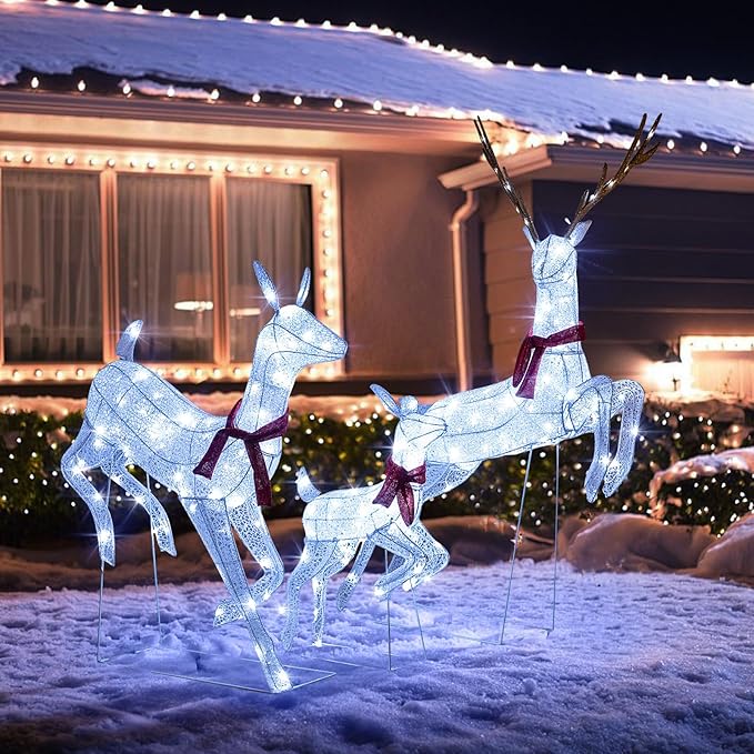 Tangkula 3-Piece Christmas Lighted Reindeer Family Set, Xmas Pre-Lit Reindeer with 255 Cold White LED Lights, Ground Stakes & Zip Ties, All-Weather Festive Decoration for Indoor Outdoor
