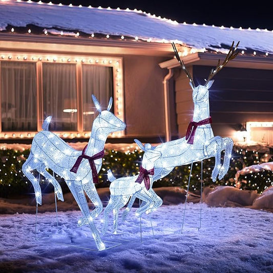 Tangkula 3-Piece Christmas Lighted Reindeer Family Set, Xmas Pre-Lit Reindeer with 255 Cold White LED Lights, Ground Stakes & Zip Ties, All-Weather Festive Decoration for Indoor Outdoor
