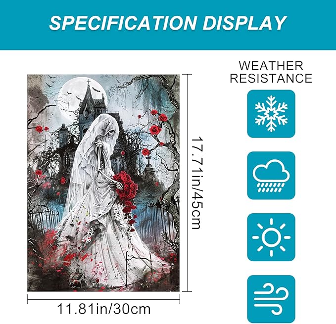 Halloween Horror Garden Flag 12x18 Inch Skeleton Bride Haunted Church Flag Outdoor Yard Decorations House Banner Porch Lawn Patio Home Decor