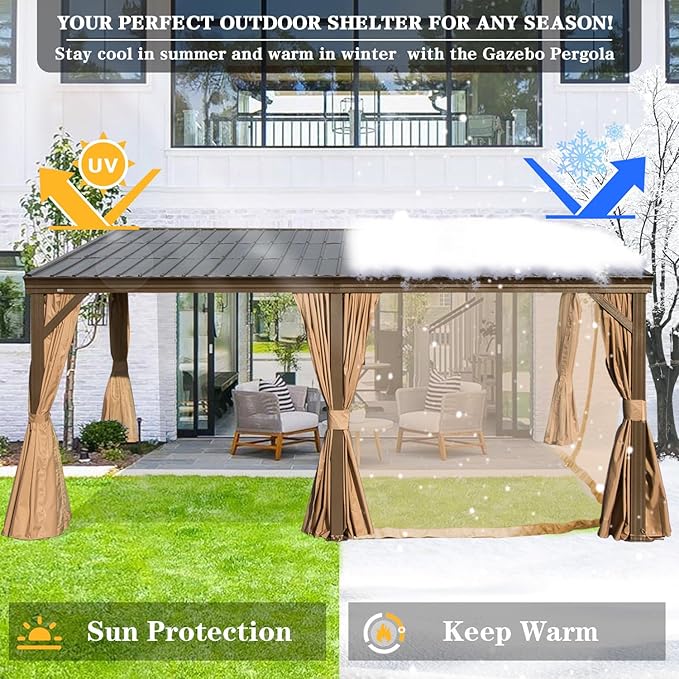 Domi 12x16FT Wall-Mounted Hardtop Gazebo, Aluminum Lean to Gazebo with Galvanized Steel Sloping Roof, Curtains & Netting for Outdoor Patio, Deck, Backyard, Garden Parties