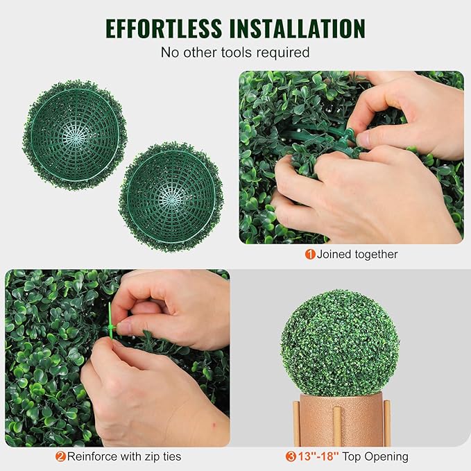 VEVOR 2 Pcs 20” Artificial Plant Topiary Ball, Faux Boxwood Balls with 2 LED Light String, All-Year Green Faux Plant Decorative Balls for Backyard, Balcony,Garden, Wedding and Home Décor