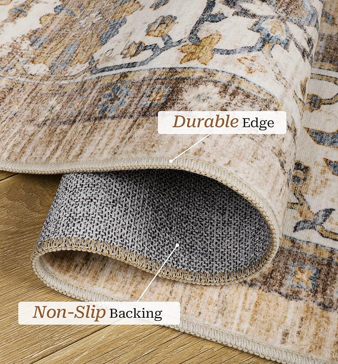 10x14 Area Rugs,Ultra-Thin Washable Rugs for Living Room,Non-Slip Lightweight Foldable Area Rug,Stain Resistant Vintage Large Rugs (Apricot/Blue, 10'x14')