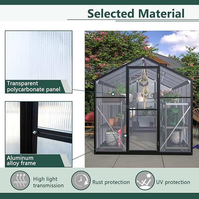 Favfurish 6x10 FT Greenhouses for Outdoors,Heavy Duty Polycarbonate Greenhouse,Lockable Walk-in Green House Sunroom w/ Roof Vent,Aluminum Hot House for Garden Plants Backyard Patio,Black