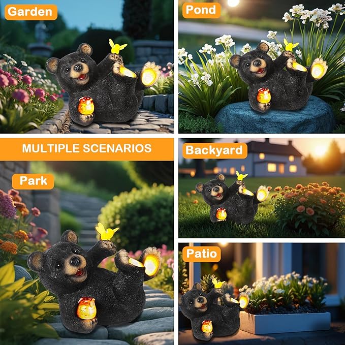 Solar Bear Garden Statues, Resin Garden Decor, Waterproof Black Bear Figurine,Solar Animals for Yard and Garden,Gifts for Mom, Women