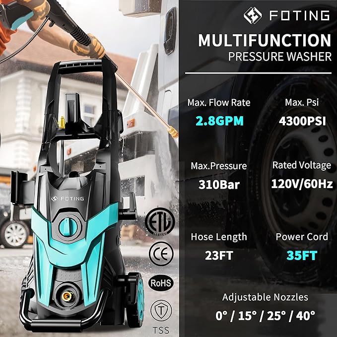 2025Upgraded Pressure Washer 4300PSI with 4 Quick Connect Nozzles, Inlet Hose & Filter& Foam Cannon for Cars/Fences/Driveways/Home Cleaning, Blue