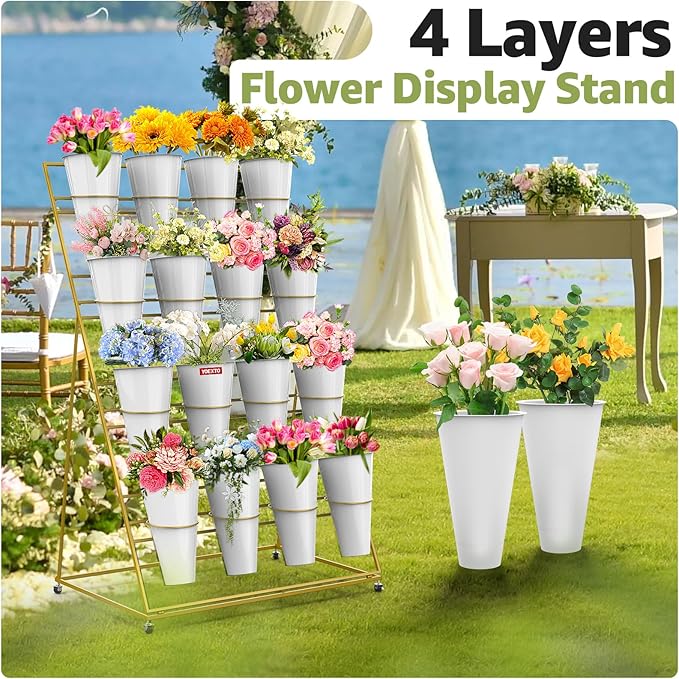 Flower Display Stand 4 Layers with 16 PCS Round Buckets, Plant Stand with Wheels, Movable Metal Plant Stand for Terrace Garden, Florist Shop (Gold Frame, White Buckets, 4-Tier, 16 Buckets)