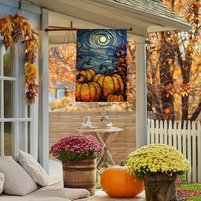 Garden Flags, Garden Flag, Stained Glass Style Pumpkin Maple Leaf Double-Sided Flags for Farmhouse Yard Outdoor Decoration-12 x 18inch (Pumpkin2)