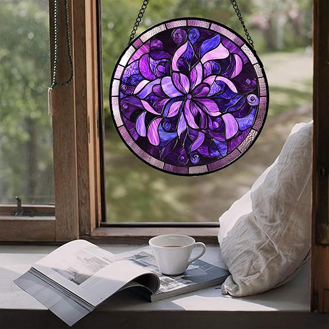 Stained Glass Window Hanging - Purple Abstract Flower Suncatcher for Door Garden Patio Sun Catchers Decor Christmas Mother's Day Birthday Gifts for Women Men Mom Nana Aunt Friend 11.8 in