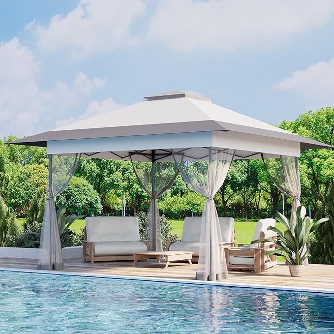 Bezseller 13x13 Pop Up Gazebo Tent with Mosquito Netting – Quick Set Up, Water-Resistant Outdoor Canopy for Patio, Garden, Backyard, and More,Light Grey