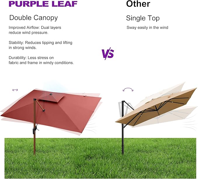 PURPLE LEAF 9' X 12' Double Top Deluxe Wood Pattern Rectangle Patio Umbrella Offset Hanging Umbrella Outdoor Market Umbrella Garden Umbrella, Brick Red