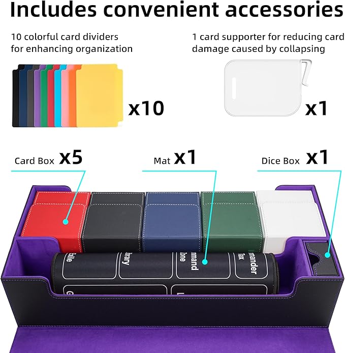 AFIING MTG Deck Box 6 In1 with MTG Playma,Premium Card Storage Box with 5 Pcs MTG Deck Box Holds 2400+ Trading Cards, Large TCG Card Deck Case for Magic Yugioh Sports Cards (Black&Purple)