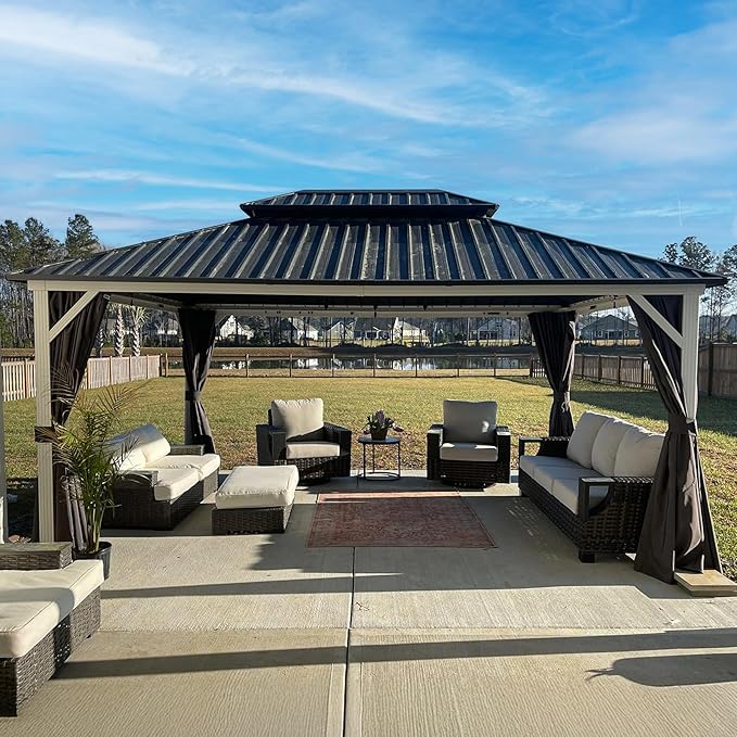 PURPLE LEAF 12' X 16' Hardtop Gazebo, White Aluminum Frame Gazebo with Double Roof, Curtain and Netting for Patio, Garden and Backyard