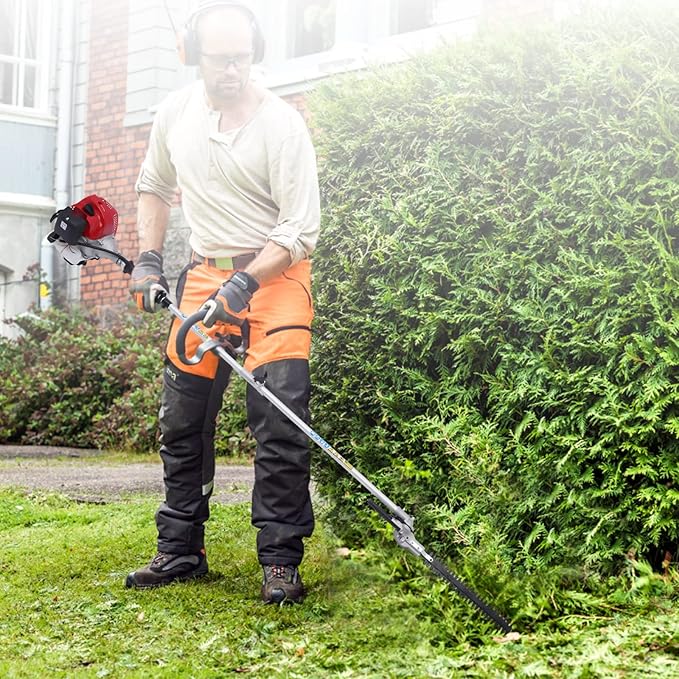 1.4kw 4-in-1 Gas Lawn Mower, 51.7cc 0.3gal Hand-held G-as L-AWN M-ower, 2-Stroke 9.84in Round Blade Diameter Gas Lawn Mower with Silencer, 6500rpm, Heat Dissipation Holes