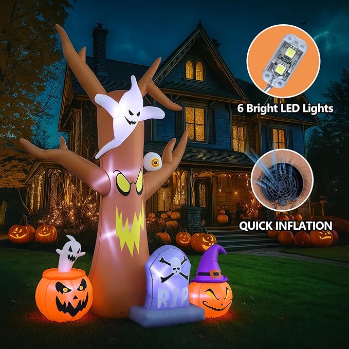 8FT Halloween inflatables Tree, Blow Up Yard Scary Dead Tree with Pumpkin Ghost Tombstone Inflatable for Garden Lawn Indoor Party Decor, Halloween Decorations Outdoor