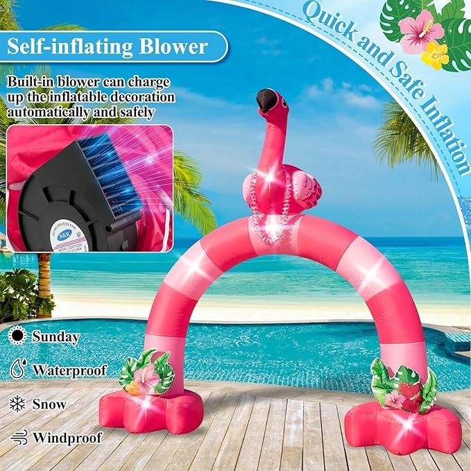Eyourlife 12FT Pink Flamingo Inflatable Arch,Giant Fall Inflatable Flamingo Outdoor Decor,Blow-Up Flamingo with 1Blower 6LED Lights and 2Hawaiian Leis for Summer Yard Garden Birthday Luau Beach Party