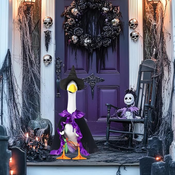 Halloween Porch Goose Witch Outfits Set for 23” Cement Lawn Goose Statue Clothes Broom Cape Costume for Patio Lawn Garden Art Decor