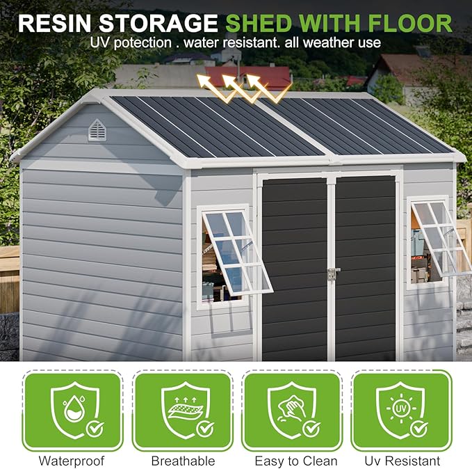 8x6 Shed, Heavy-Duty Outdoor Storage Shed with Floor, Waterproof Plastic Resin Garden Shed for Backyard, Tool Storage with Lockable Double Doors & Awning Windows