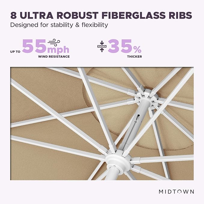 Midtown Umbrellas The Swilt 10 Feet Patio Umbrella in Sunbrella Heather Tan Acrylic Fabric - Fiberglass Ribs, Auto-Tilt Aluminum Frame For Backyard, Deck, Garden, Pool - White Pole
