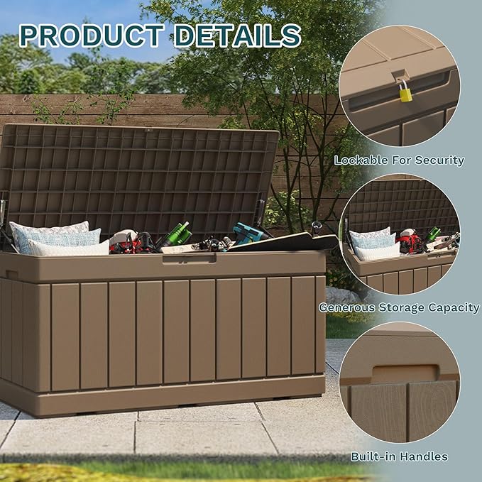 Patiolife 85 Gallon Resin Deck Box, Wood Like Outdoor Storage Box for Garden Tools, Pool Supplies, Waterproof and Lockable, Brown