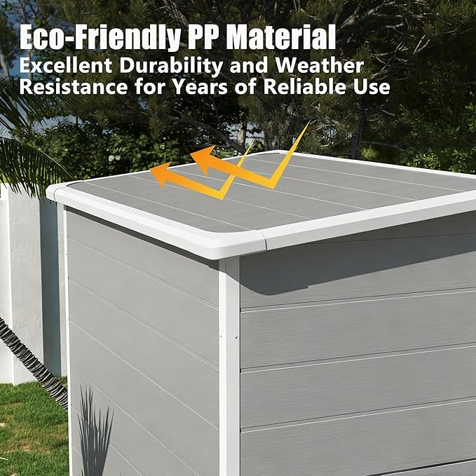 Outdoor Shed 5x3/6x4/7x7/8x6/8x10/8x12 FT, 15MM Thick PP Resin Plastic Shed with Lockable Door & Floor - Waterproof Plastic Tool Shed for Bike, Garbage Can, Backyard, Patio ﻿ ﻿ (Grey, 5X3FT)