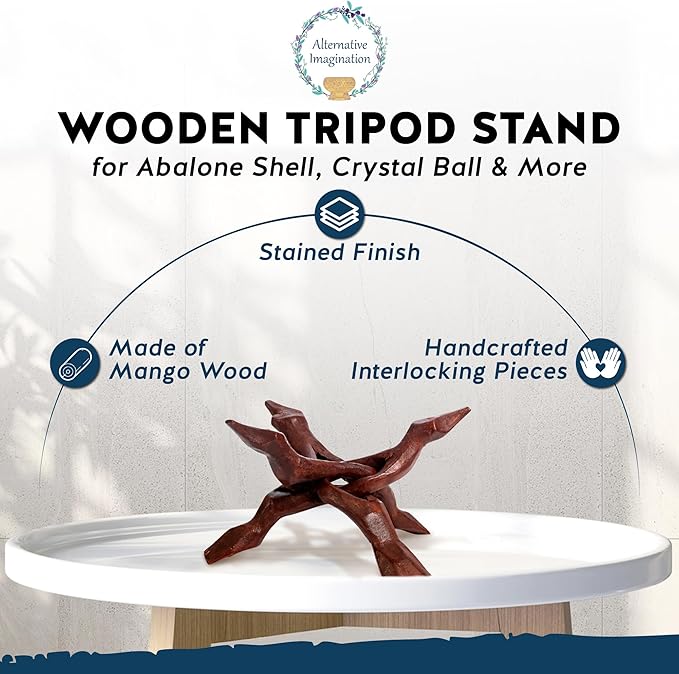 Alternative Imagination Wooden Tripod Stand - 8 Inch Display Stand For Home Decor, Abalone Shell, Crystal Ball and More