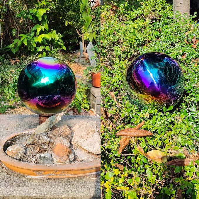 25cm/10 inch Garden Sphere Mirror Gazing Ball,Rainbow Stainless Steel Polished Reflective Smooth Hollow Globe Ball,Durable Colorful and Shiny Decorations Addition to Garden Patio Yard Home