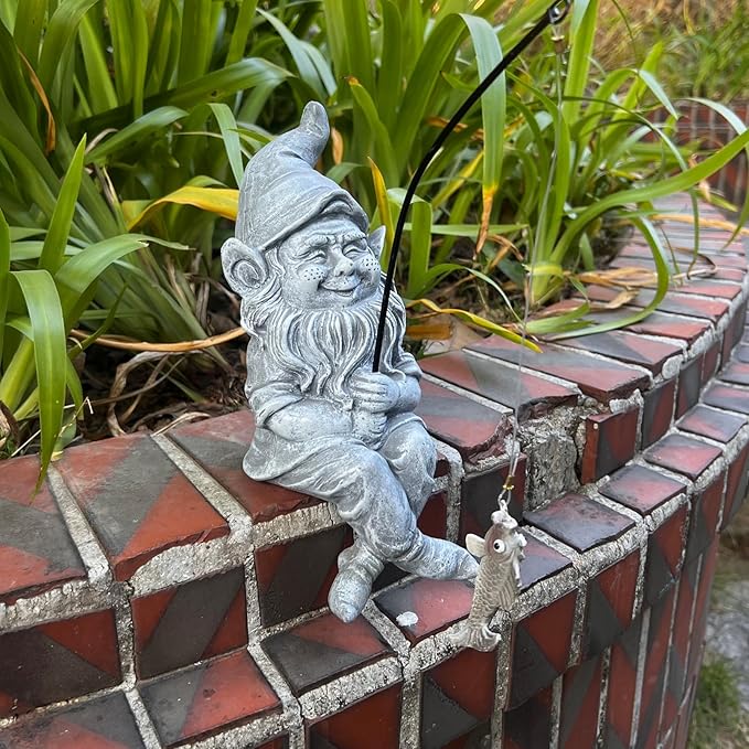 Garden Gnome Pond Statue Decoration, Fishing Gnome Garden Statue Outdoor Koi Pond or Waterfall Decor, 9.7" Stone Gnome Fishing Poolside Statue, Elf Pond Statue, Great Gifts & Housewarming for Mom
