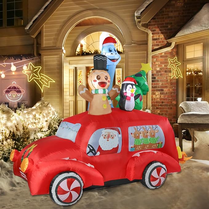 VCUTEKA Christmas Inflatables Outdoor Decorations - 8FT Inflatable Red Car with Gingerbread Man and Dinosaur Christmas Blow Up Yard Lighted for Holiday Garden Lawn Xmas Decor