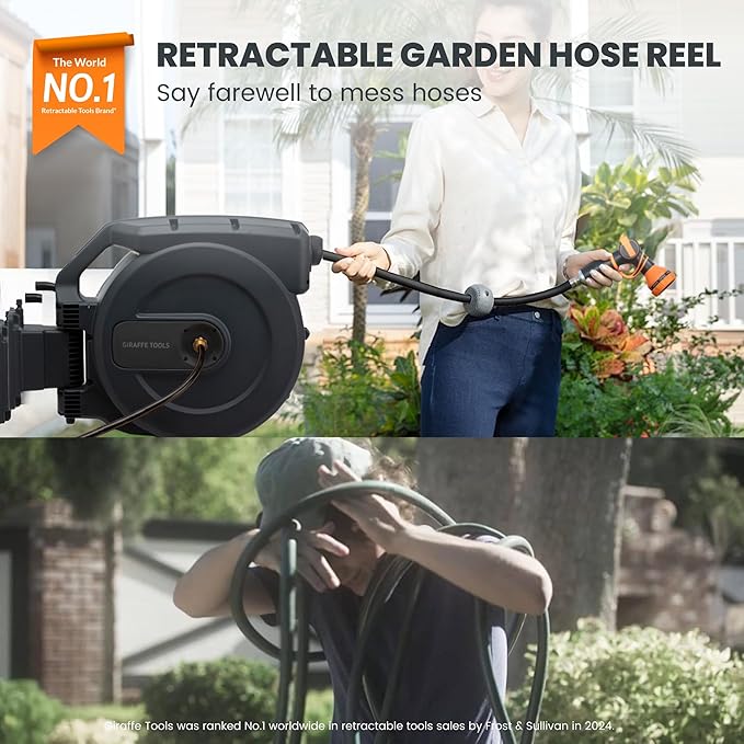 Giraffe Tools AW505/8 Retractable Garden Hose Reel 5/8" x 115+5 ft, Heavy Duty Wall Mounted Water Hose Reel Automatic Rewind, 180 Deg Swivel Bracket, Slow Retraction, 115ft, Dark Grey