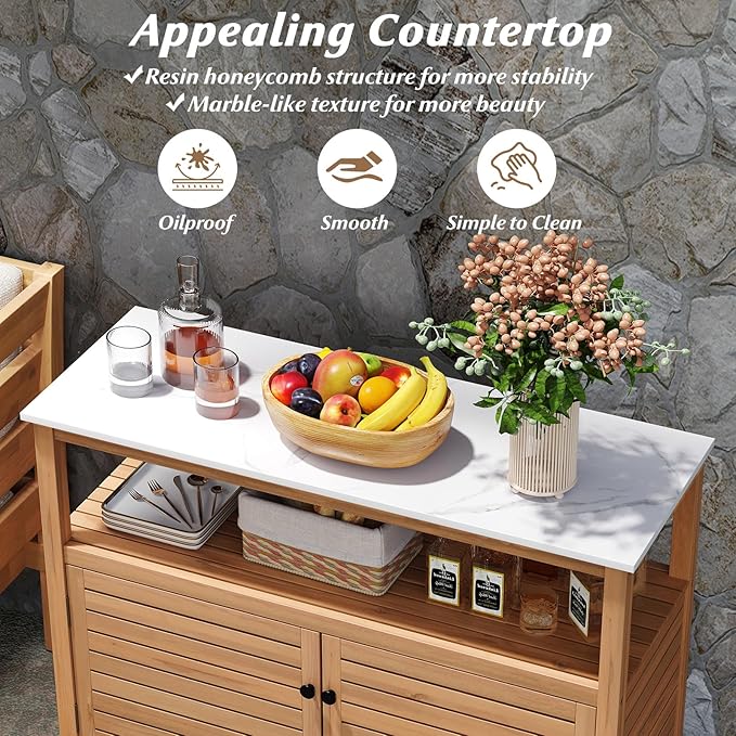Goplus Patio Storage Cabinet, Outdoor Acacia Wood Buffet Cabinet with Marble-Like Countertop, Open Shelf & 2 Doors, Sideboard Organizer for Outdoor Kitchen, Garden, Backyard