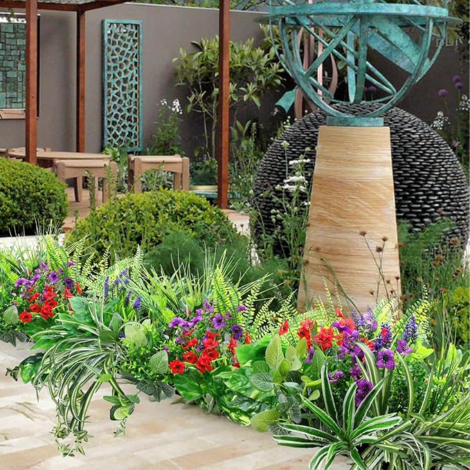 14 Bundles Artificial Plants Outdoor UV Resistant, Fake Greenery Plant Flower, Faux Boxwood Boston Fern Shrubs Bushes with Plastic Stems & Flowers for Garden, Porch, Planter, Patio, Xmas Decor