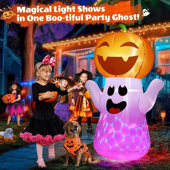 5FT Halloween Inflatables Pumpkin Ghost Built-in 3-Pattern Colorful Flashing Light, Cute Halloween Blow Up Yard Decorations for Indoor Outdoor Home/Holiday/Party/Yard/Lawn (1PCS)