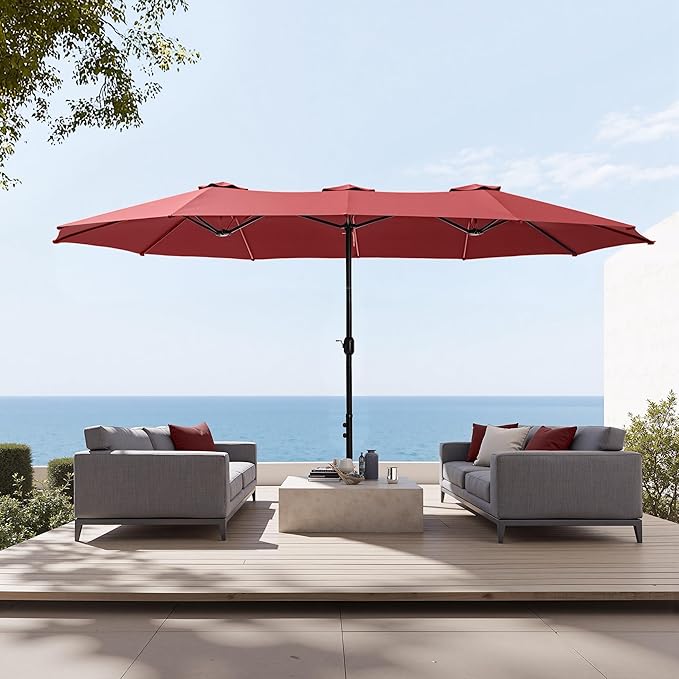 Sophia & William 15 ft Extra Large Patio Umbrella with Base Included, Rectangular Outdoor Umbrella Heavy Duty, Market Umbrella Double-sided Fade Resistant for Pool Garden Backyard, Burgundy