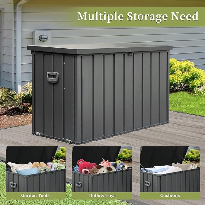 200 Gallon Outdoor Deck Box Lockable Metal Indoor Outdoor Storage Container with Side Handle, Waterproof Storage Box with Rolling Castors for Patio Garden Tools, Pools Equipment, Cushions, Gray