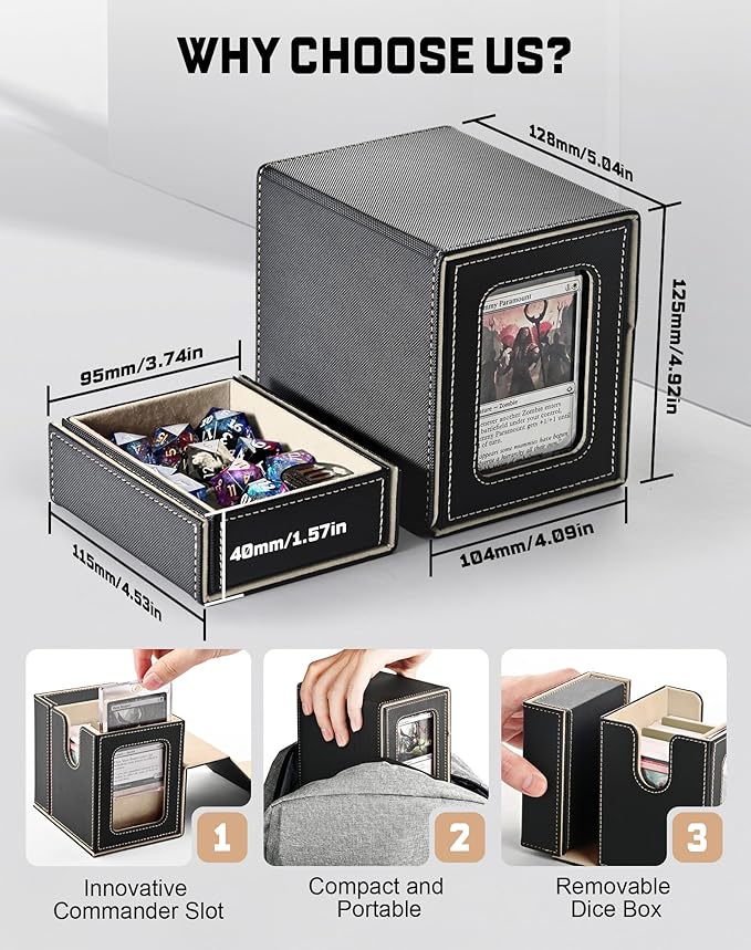 ZLCA MTG Commander Deck Box with Display Window, Deck Box Holds 100 Double-Sleeved with Dice Tray & 35pt Magnetic Card Holder(Black& Gold)