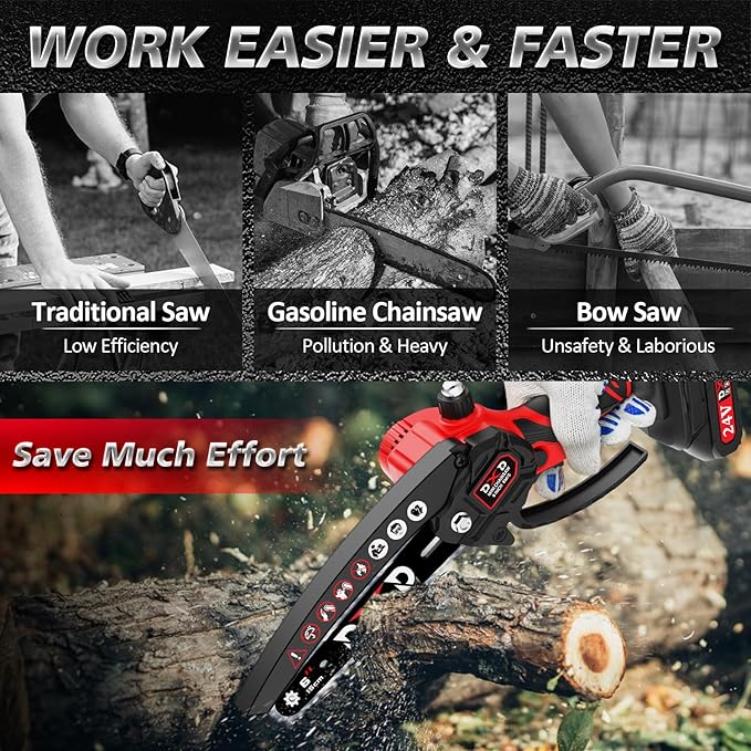 Handheld Mini Cordless Electric Chainsaw with Battery&Gas Powered Option,6-Inch chainsaw&Pruning Attachment Bar Oil Jug, Safety Gloves, Chainsaw Chain & Caseightweiaht for Tree Trimming. Wood Cutting