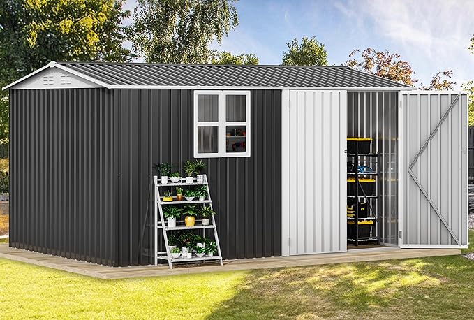DWVO 12x8ft Metal Outdoor Storage Shed with Window, Lockable Tool Storage Sheds, Oversized Steel Garden Sheds with Sloped Roof for Backyard, Patio, Garage, Lawn, Gray & White