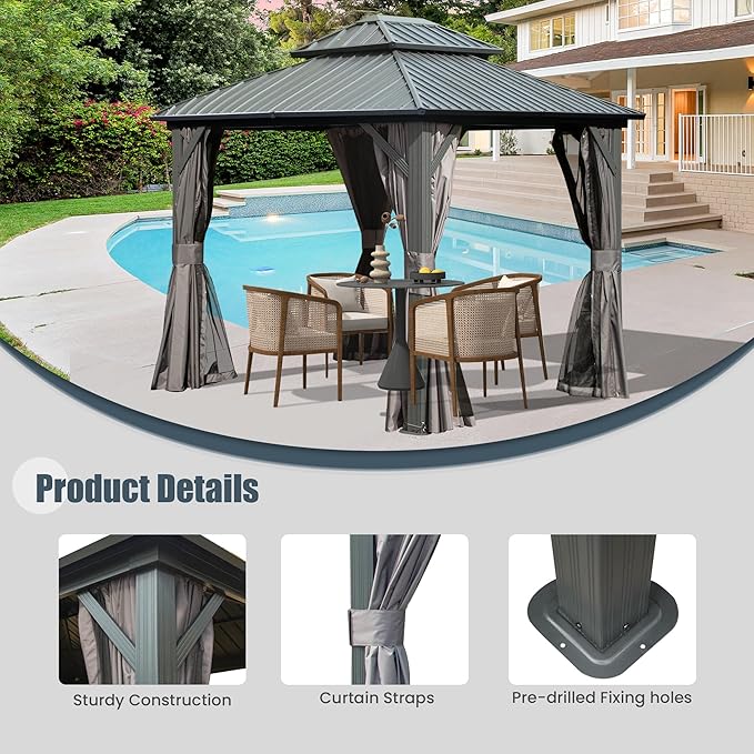 Domi 8' x 10' Hardtop Gazebo Permanent Metal Gazebo with Galvanized Steel Double Roof, Curtains and Netting for Party, Wedding, Outdoor Dining, Patio, Backyard, Grey