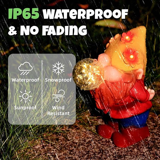 Solar Garden Statues Lights, 8.5" Cute Outdoor Gnome Figurine with Auto On/Off for Yard Patio Decor, Gifts for Women, Grandma, Mom, Housewarming (Bubble Bliss Gnome)