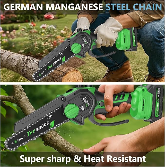 Mini Chainsaw Cordless, 8 Inch & 6 Inch Portable Electric Chain Saw with 2 Battery 8 Chains, Auto Oiler, Battery Powered Small Handheld Saw for Wood Cutting, Tree Trimming, Garden(Green)