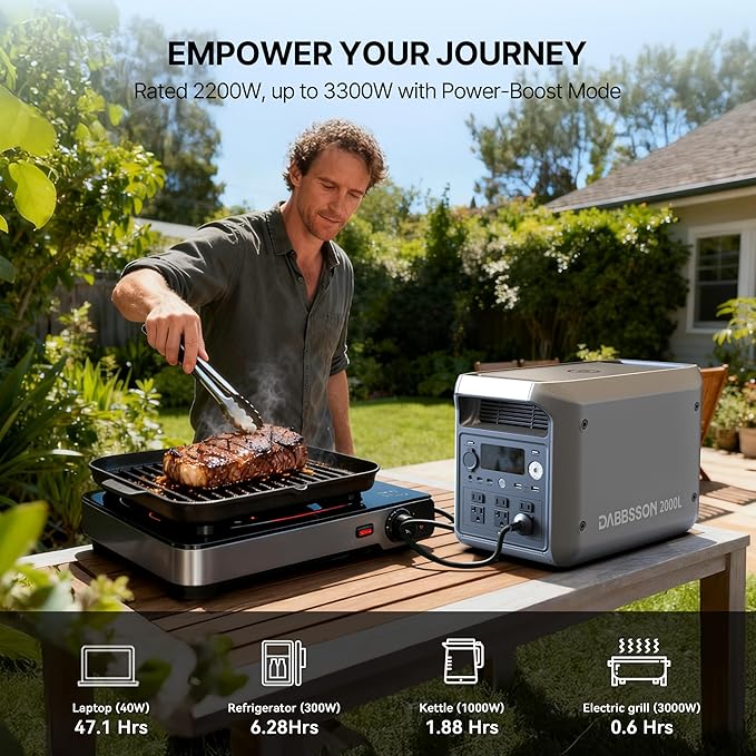 DABBSSON 2048Wh Solar Generator, Safe Semi-Solid LiFePO4, 3300W Power Boost, 2200W AC Output ×6, 41lb,Compact & Lightweight, 1.3X Runtime, 2000L Portable Power Station for Camping/Home/RV