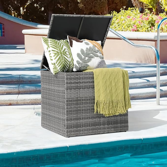 Patiorama 88 Gallon Wicker Deck Box, Indoor/Outdoor Storage Box for Patio Cushions and Gardening Tools - Resin Rattan Patio Cushion Storage Bin, Grey