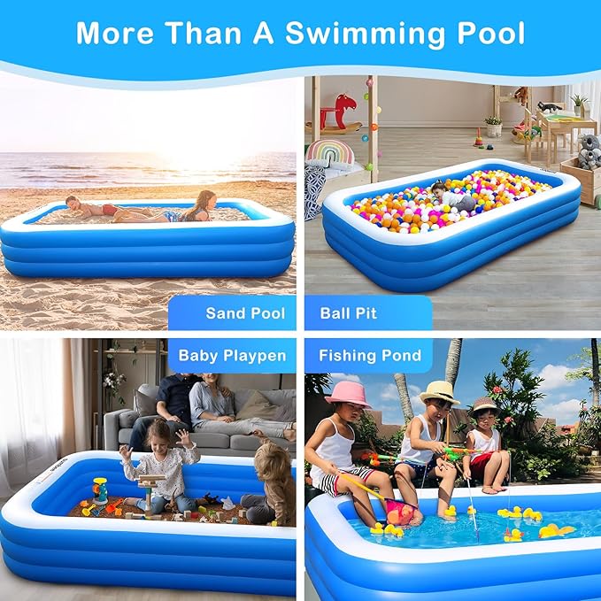 Sumbee Inflatable Swimming Pool for Kiddie Adults Kids, 120" X 72" X 22" Large Blow Up Pool for Family Backyard Outdoor Toddler,Big Rectangle Pools for Children Ages 4-8-12,Full-Sized,Blue