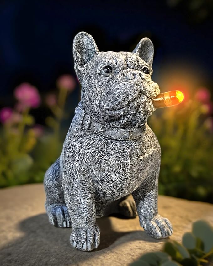 Dog Solar Garden Statue with LED Light - Outdoor Yard, Lawn, Patio French Bulldog Decor - Unique Birthday Housewarming Gift for Dad, Mom, Men, Women