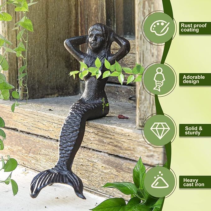 Sungmor Heavy Duty Cast Iron Mermaid Statue - 26CM Tall Sitting Mermaid Figure Ornament - Great Home & Garden Sculpture for Decorate Swimming Pool/Pond/Planter Stands/Book Shelf/Corner Table