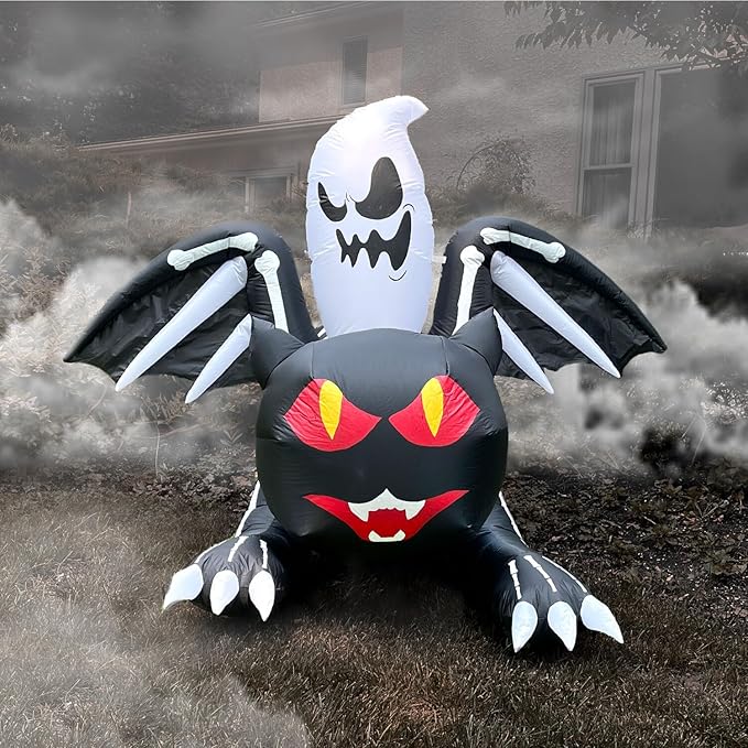 Haunted Hill Farm 5-Ft Tall Black Cat Bat Blow Up Inflatable with Red Eyes, Ghost, and Lights, Outdoor Halloween Inflatable Decoration for Lawn and Yard, Giant Spooky Holiday Decor