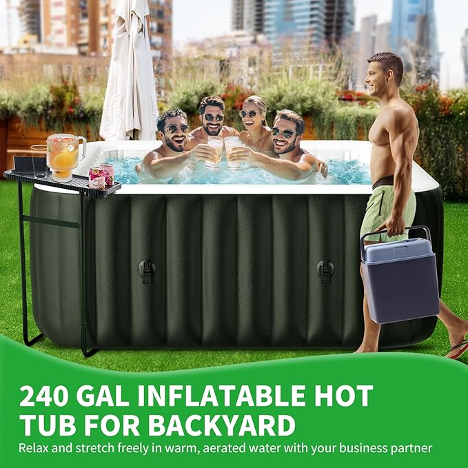 4-6 Person Inflatable Blow Up Hot Tub, Square Portable Hot Tub, Leak-Proof PVC Outdoor Spa with 130 Strong Air Jets, Heater Pump and Insulated Cover, 73” X 73”X 25”