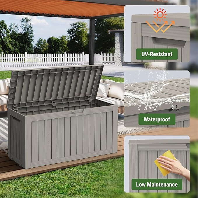 Mars Villa Deck Box, Waterproof Weatherproof and UV Resistant Resin Storage Bin with Lockable Lid, Ideal for, Outdoor, Patio Furniture Cushions, Pool Supplies, Garden Tools (72 Gallon, Light Brown)